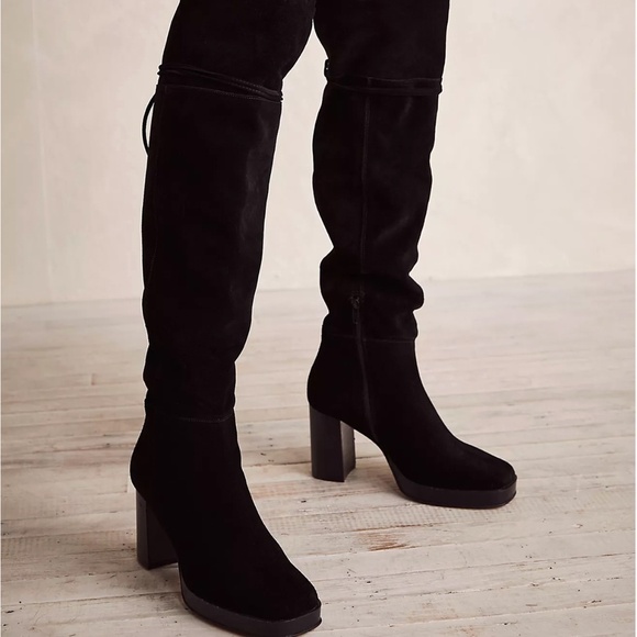 NWOT Free People Echo Platform Over The Knee Black Suede Boots - Picture 1 of 9